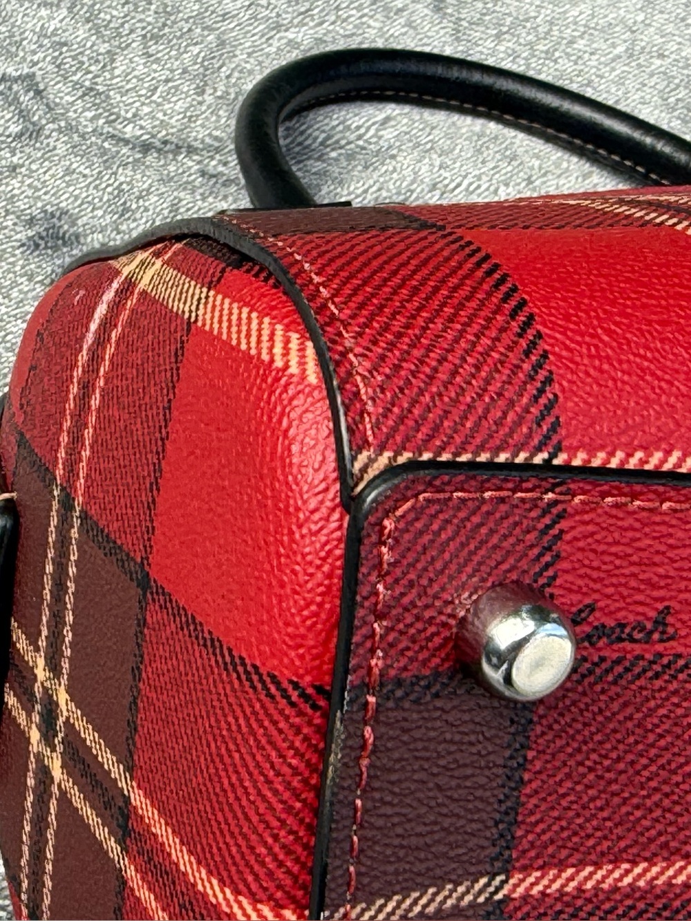 Coach Medium Rowan Satchel in a tartan plaid print featuring black leather trim. - Picture 10 of 12